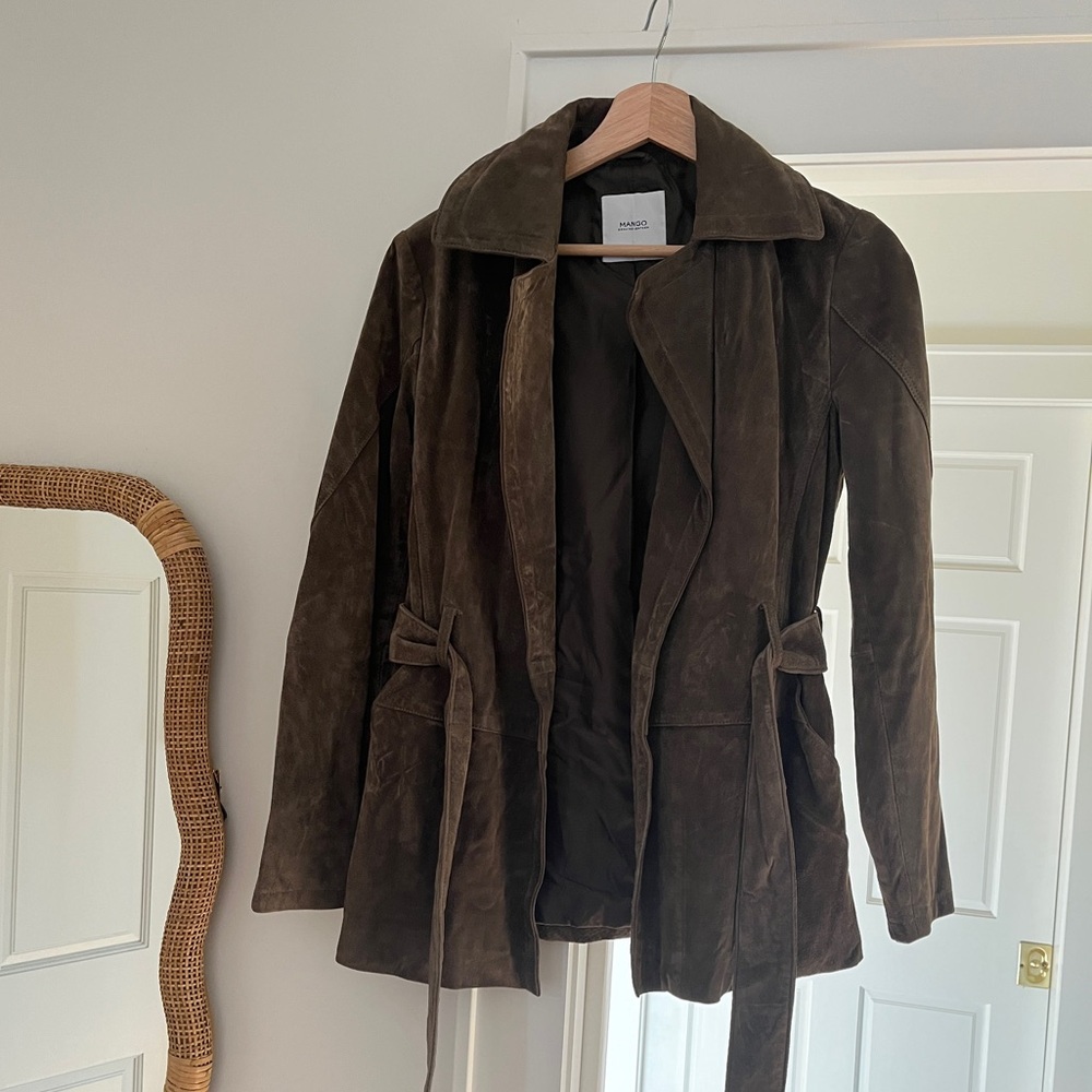 Mango Olive Suede Belted Wrap Jacket